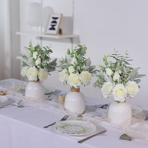 Miniatura 8 de Flores artificiales con jarrón de cerámica, rosas de seda sintética y plantas artificiales de eucalipto en jarrón para decoración de mesa de centro