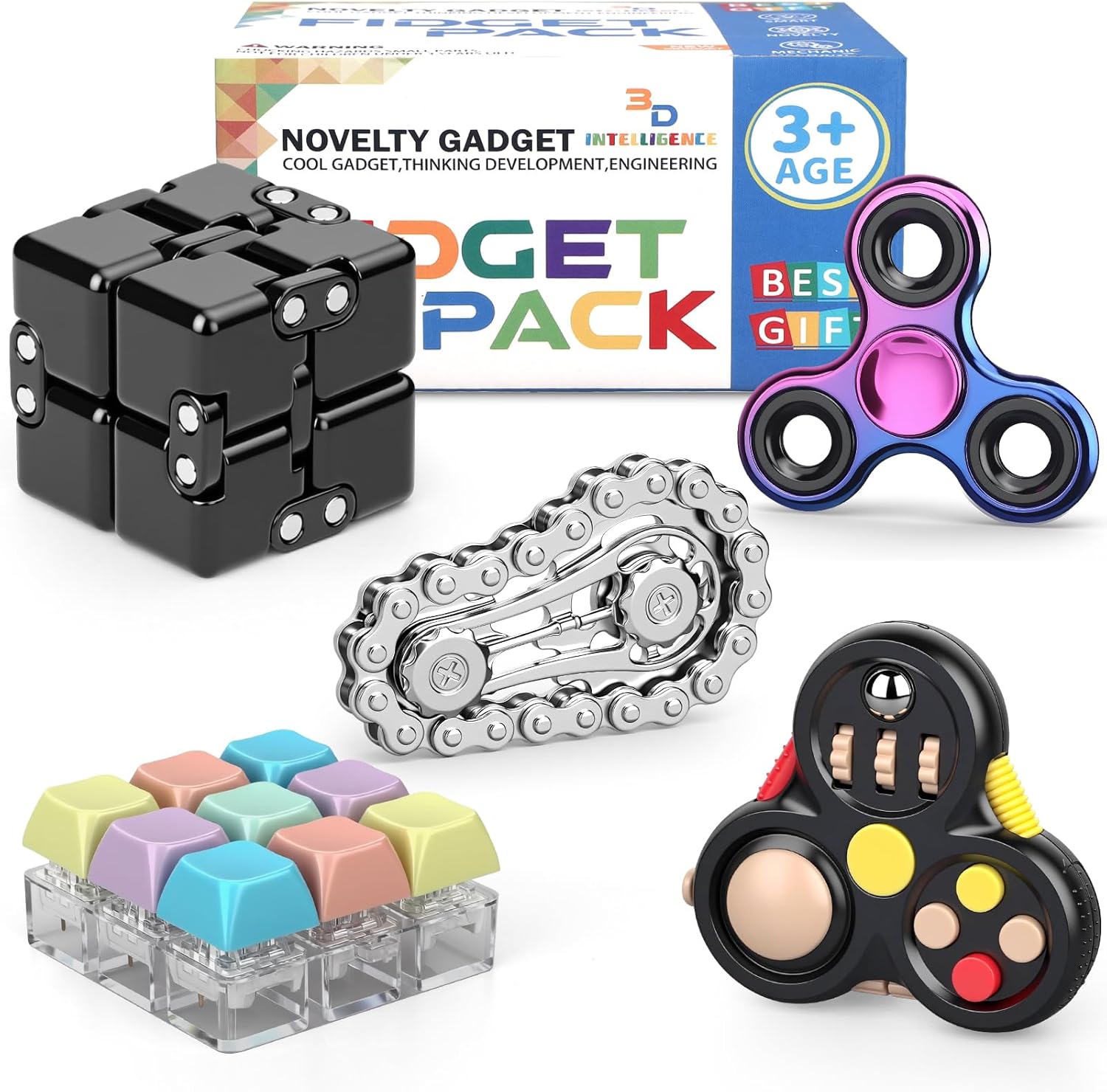 Fidget Toys Set for Adults, Sensory Pack with Fidget Spinner, Robot Spinner, Fidget Cube, Keyboard Clicker Toy, Fidget Pad, Stress Relief Desk Gadget for Office, Birthday Gift Set