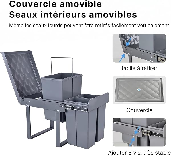 MinteLiv Einbaumülleimer Küche 3 Fächer (20L+2x10L) – Mülltrennsystem,5-Punkt-Verstärkung,ausziehbarer Unterschrank-Mülleimer,abnehmbarer Deckel,geruchsminimierend,48x33,5x42cm Grau - 3