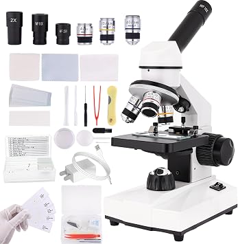 Compound Microscope, 2000x Magnification, with Smartphone Adapter, Slide Set, Dual LED Illumination System, Adult Microscope, Suitable for Beginners and Laboratory use Monocular Microscope