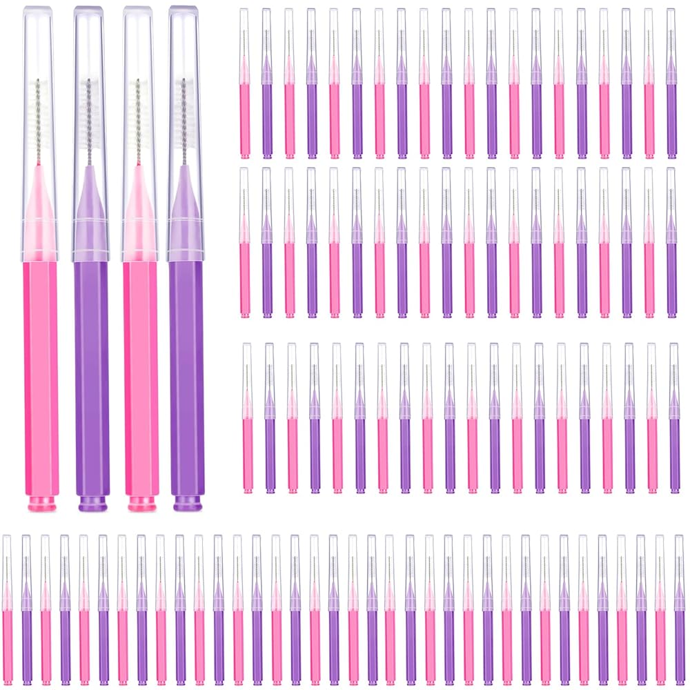Patelai 100 Pieces Braces Brush for Cleaner Interdental Brush Toothpick Dental Tooth Flossing Head Oral Dental Hygiene Flosser Toothpick Cleaners Tooth Tool(Pink,Purple,Suitable Size)