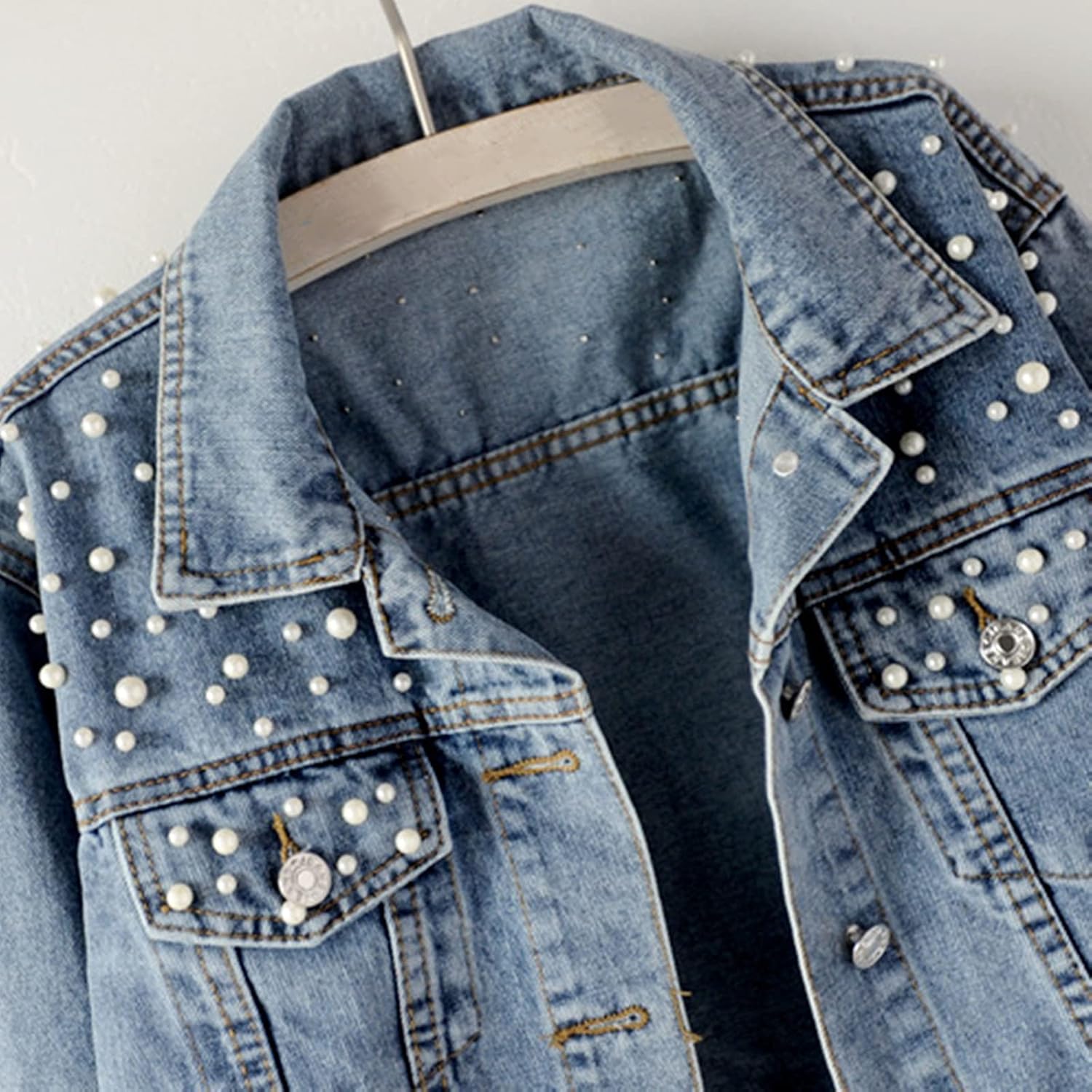 Oversize Pearl Embroidered Women's Ripped Distressed Casual Long Sleeve Denim Jacket Coat - Image 5