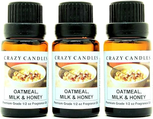 Crazy Candles Avena, leche y miel (fabricado en Estados Unidos), 3 botellas de 1/2 onzas líquidas cada una (0.5 onzas líquidas) de aceite aromático