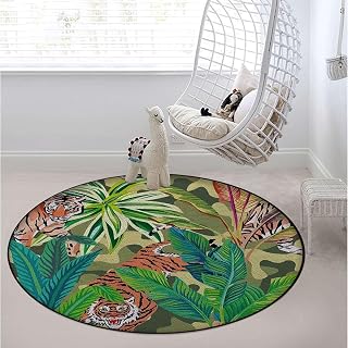Green Yellow Office Chair Mat for Hardwood Floor Abstract Bengal Tiger Image Tile Floor Anti-Slip Floor Protector Mat for Rolling Chair Washable Reusable Cartoon Style Diameter 43.3 in