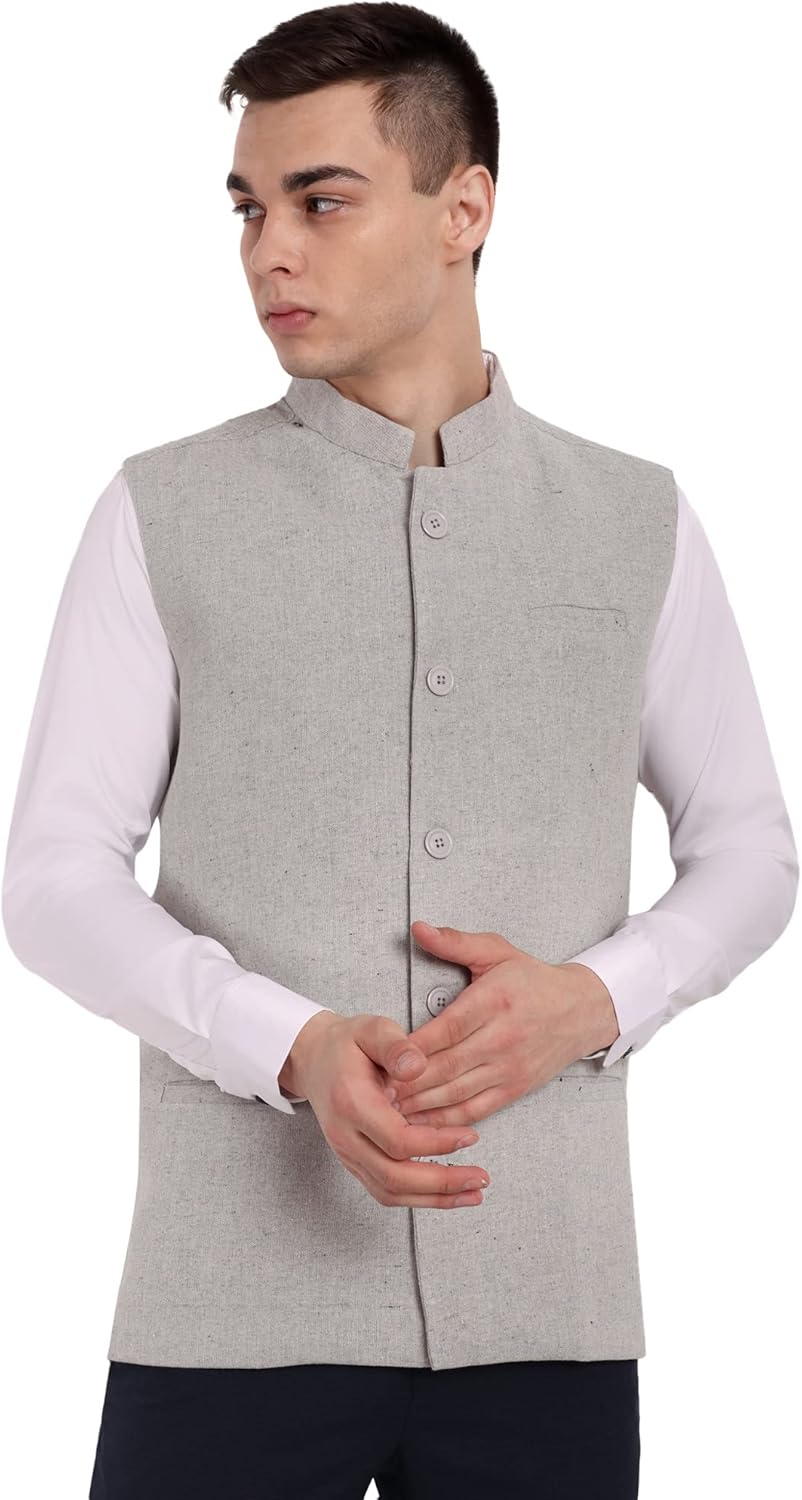 SKAVIJ Men’s Raw Cotton Nehru Jacket Waistcoat - Eid & Ramadan Traditional Ethnic Vest