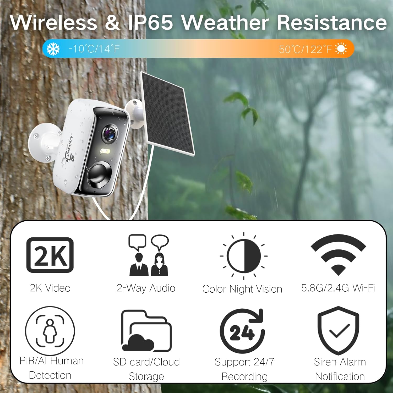 Solar Security Cameras Wireless Outdoor, 2K Outside Security Wireless WiFi Cameras, Battery Powered Outdoor Cameras with Solar Panel, Color Night Vision, 2.4G/5.8G WiFi, 2-Way Audio, PIR Motion Sensor - Image 2