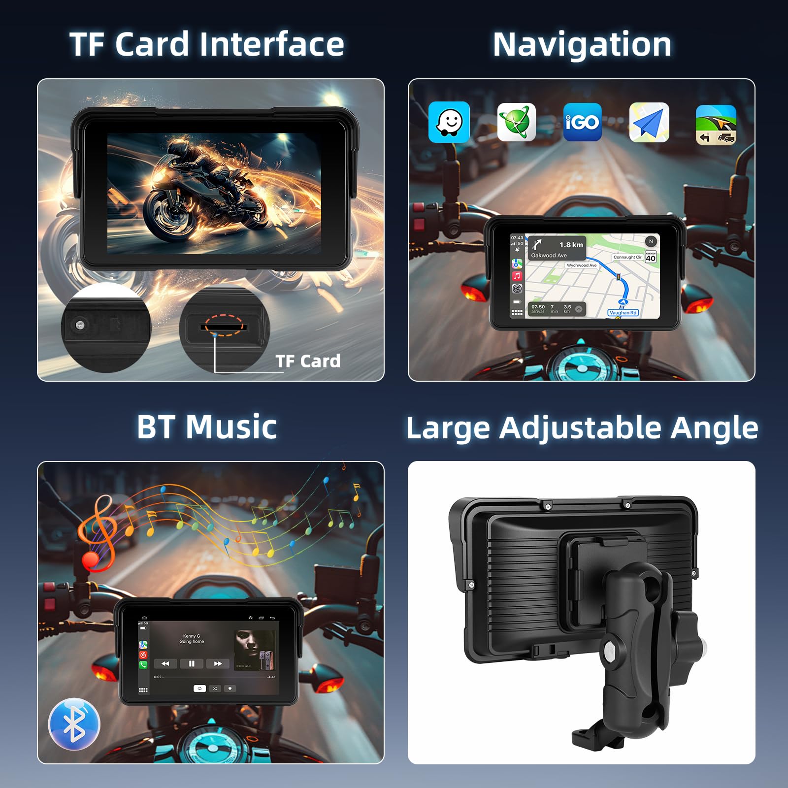 Schermo Carplay per Moto con Senza Fili CarPlay e Android Auto, Motorsi 5 Pollici Impermeabile Touchscreen, Doppio Bluetooth, Navigazione GPS, Siri/G00gle Assistente, Plug-and-Play