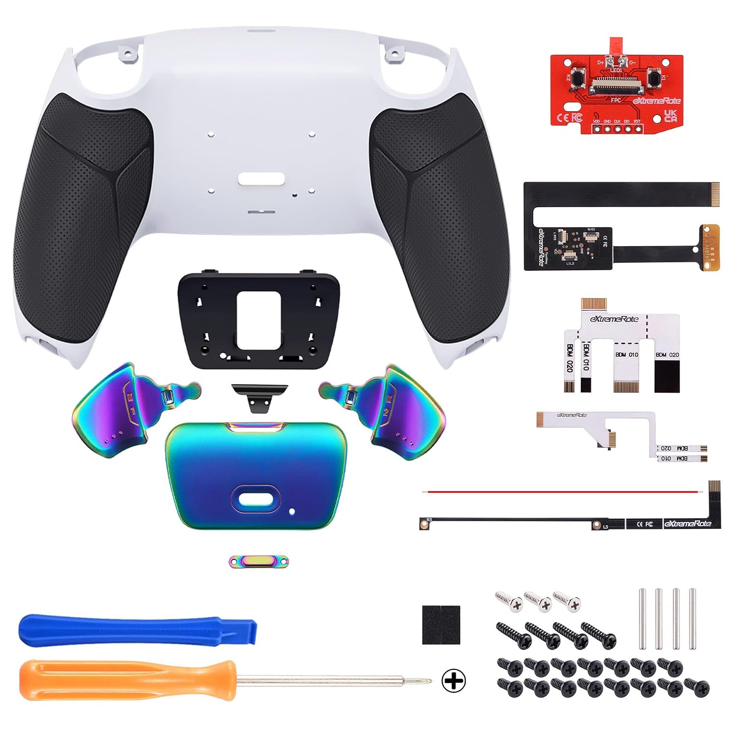 eXtremeRate Rainbow Aura Blue Purple Real Metal Buttons (RMB) RISE Remap Kit for PS5 Controller BDM-010 020, Black Rubberized Grip White Back Shell, Upgraded Remapable Back Buttons for PS5 Controller