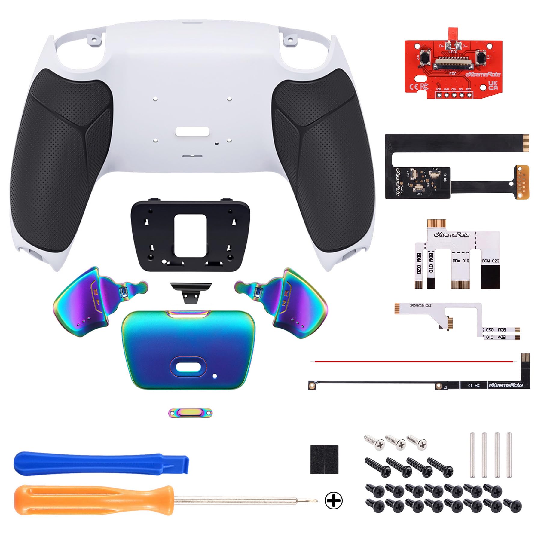 eXtremeRate Real Metal Buttons (RMB) Rise 2.0 Remap Kit para ps5 BDM-010 BDM-020 Carcasa con Goma Grip & Actualización Board & Programable Botones Traseros para ps5 Mando(Blanco Negro Arcoíris)
