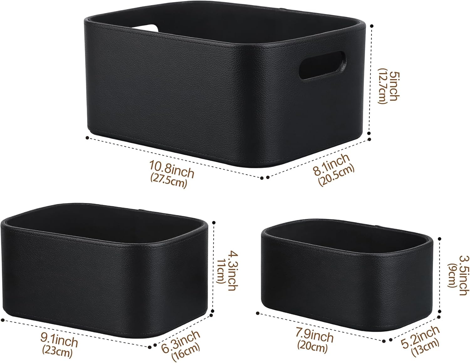 HofferRuffer Faux Leather Storage Baskets Bins with Velvet Lining for Organizing, Storage, Gifts, Set of 3 Nesting Shelf Baskets Decorative Storage Boxes for Home Organization (Black)