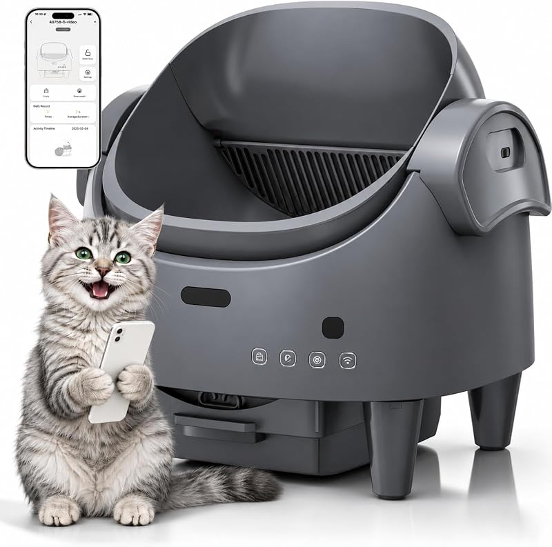 Automatic Self-Cleaning Cat Litter Box with App, Open Top, Gray | Smart with App Control,Safety Sensor System,Large Waste Bin,Odor Control,Adjustable Height