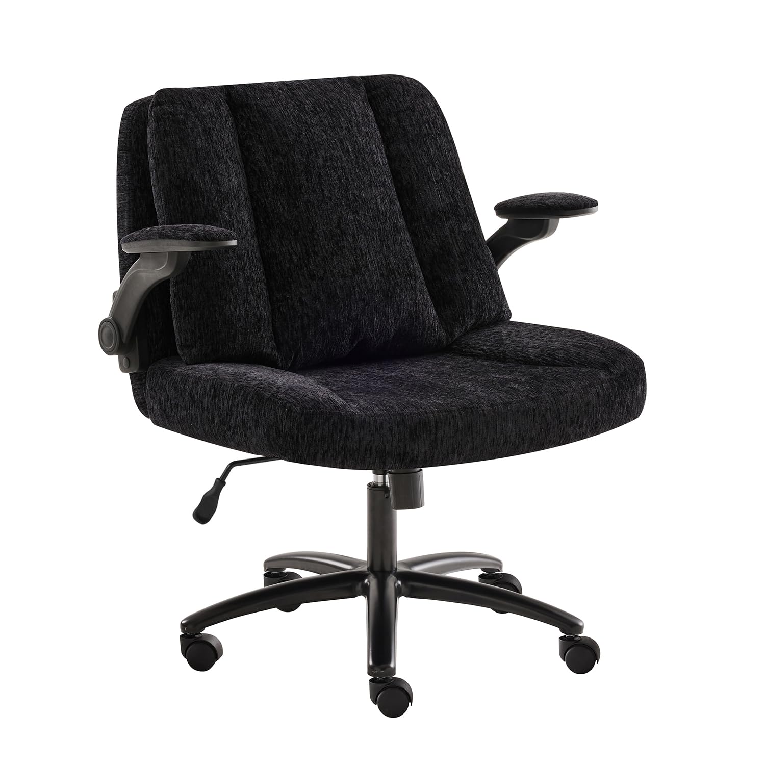 Criss Cross Chair with Arms, Plus Size Cross Legged Desk Chair with Flexible Back Cushion, Adjustable Arm Rest, Extra Wide Seat, 350lbs Fabric Home Office Chair with Castors and Bell Glides, Black