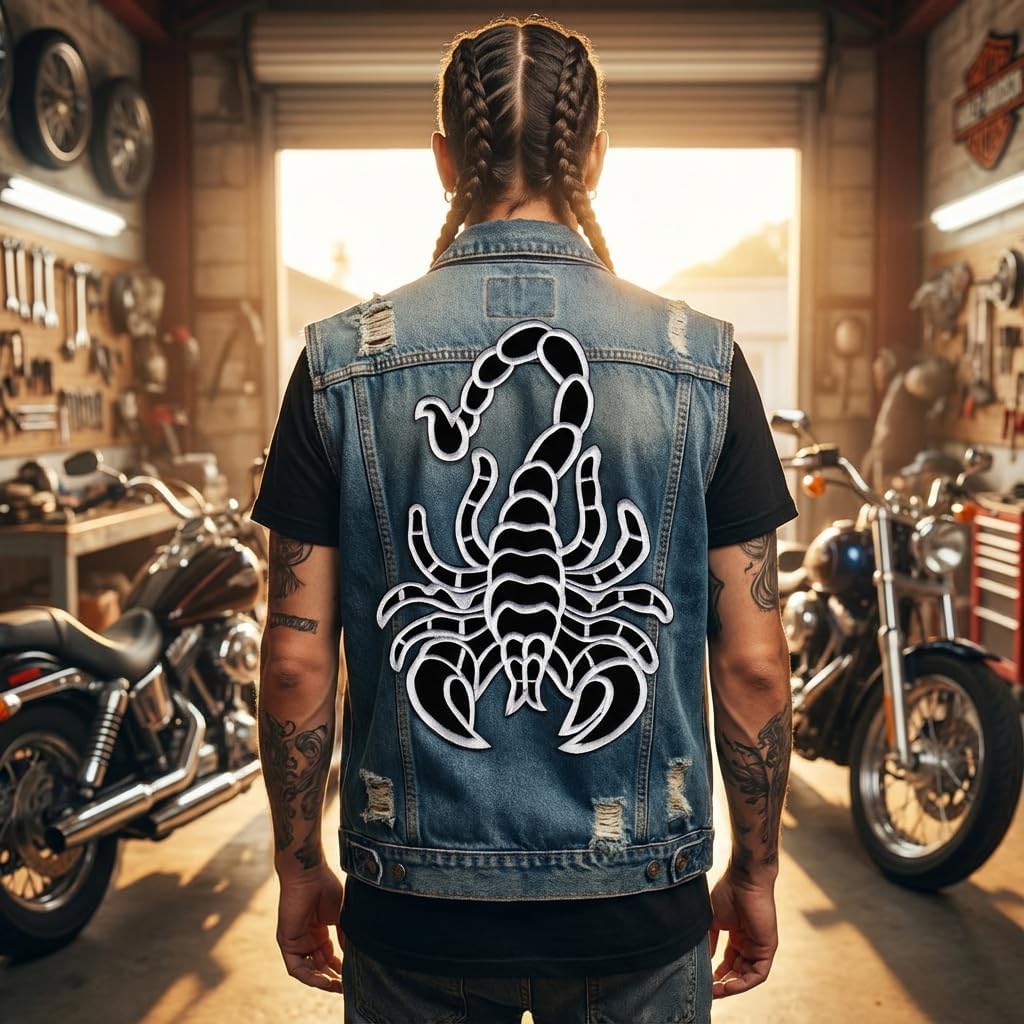 Black and White Scorpion Patch 8x11 Inch, XL Large Embroidered Iron On Applique for Back of Jackets, Biker DIY Fashion Decor