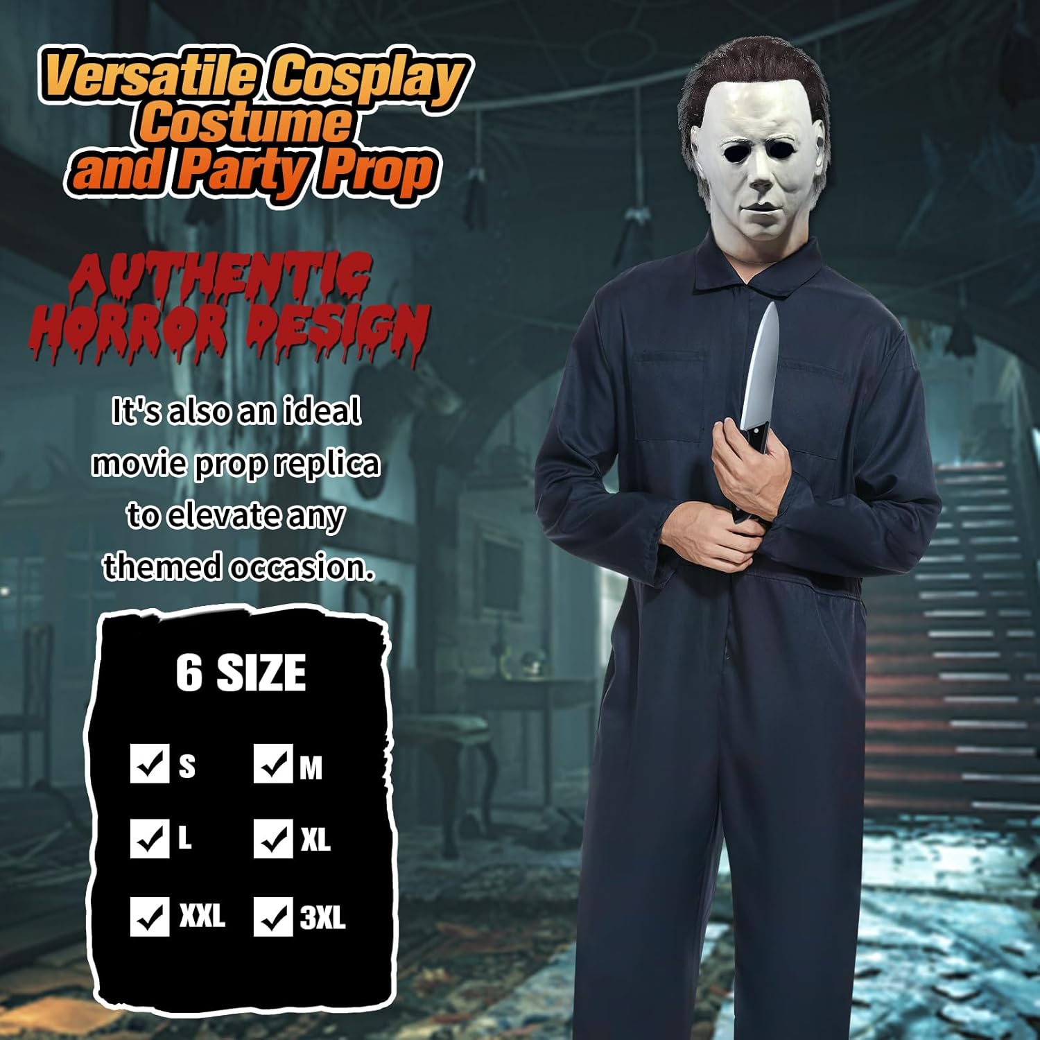 Navy Blue Jumpsuit Coveralls Adult, Horror Costume with Mask and Prop Knife, for Halloween Cosplay - Image 3