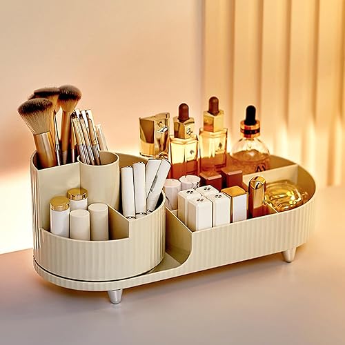 Elegante organizador de maquillaje giratorio 360 con 6 compartimentos, color rosa