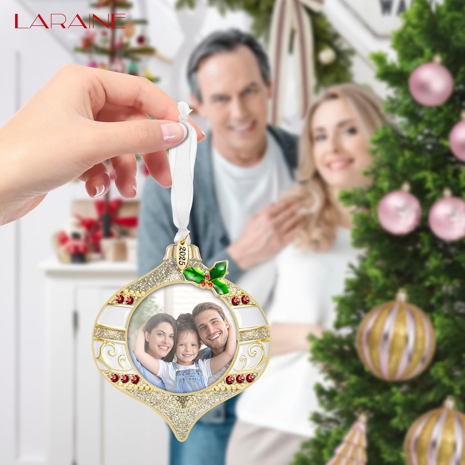 Laraine Christmas Tree Ornaments – Onion Shaped Decorative Hanging 2025 Holiday Keepsake Gift Pendant with 2” Photo Frame Insert for Picture (Gold, 3 Pieces (2025))