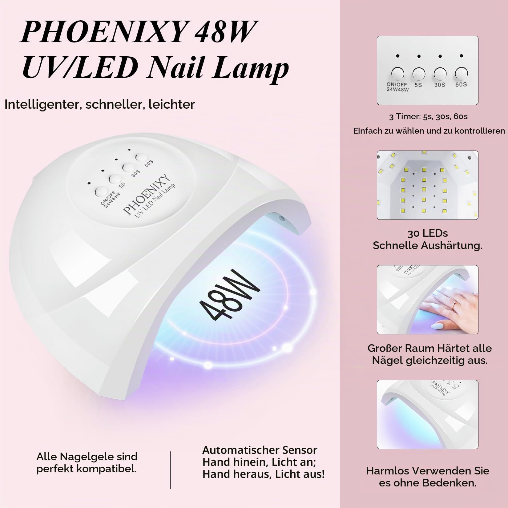 Phoenixy 24+4 Stk. U V Nagellack Set Starterset mit Lampe 48W, Gelnägel Starterset Gel Nägel Set mit Unterlack Überlack Matte Überlack Glitter Überlack