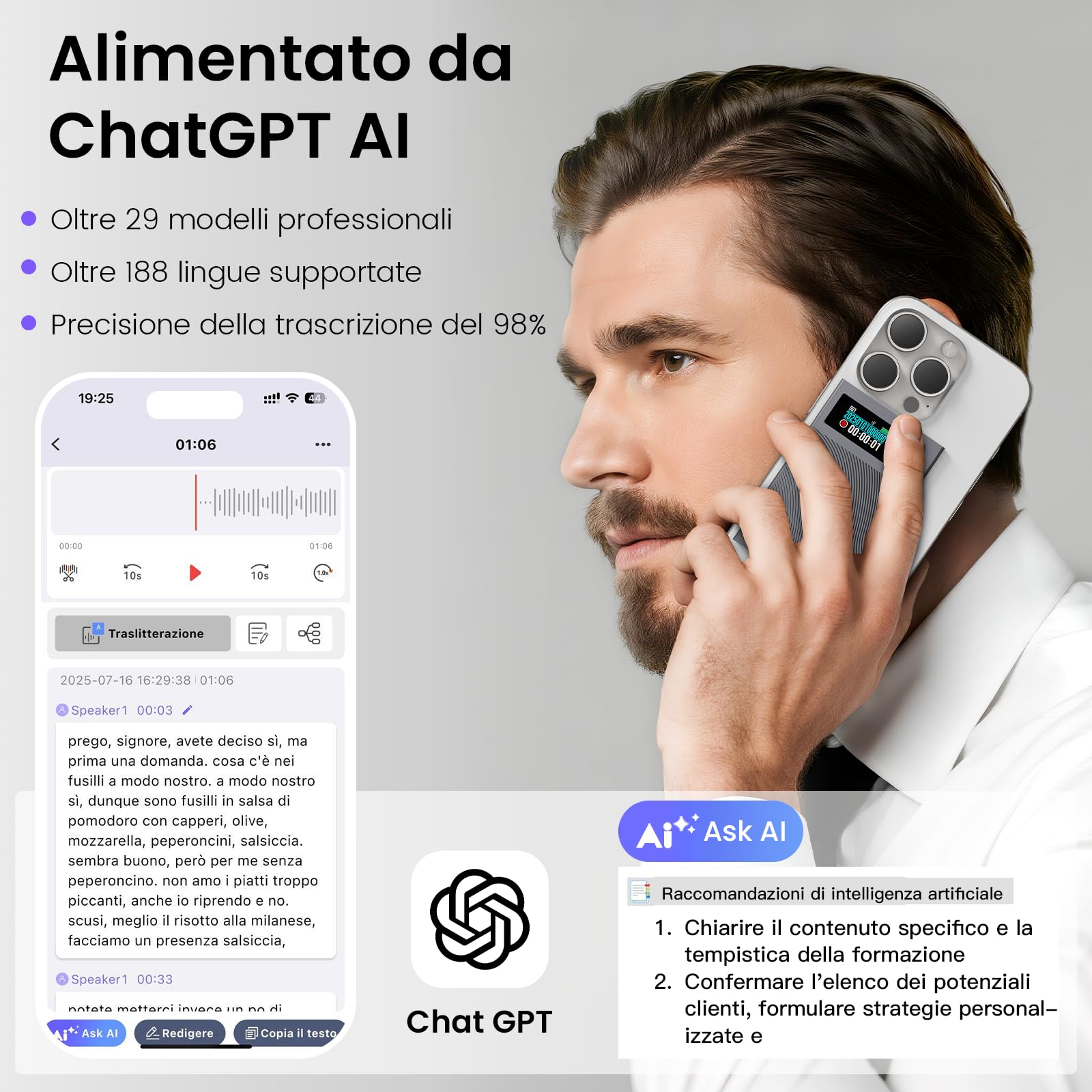 NEWYES Ailog Registratore Vocale AI con App Dedicata, Trascrive e Riepiloga, Traduzione in Oltre 188 Lingue, Memoria da 64 GB per Riunioni, Lezioni, Chiamate, Affari