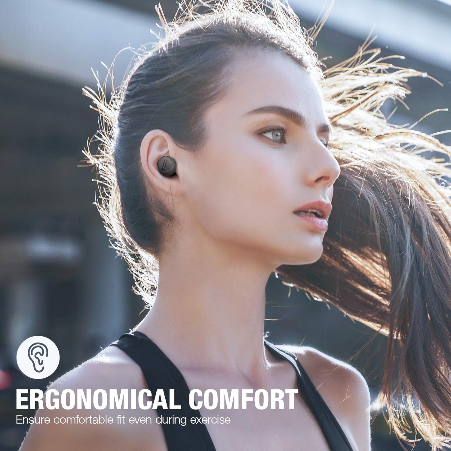 Woman wearing S12 earbuds, demonstrating ergonomic comfort.