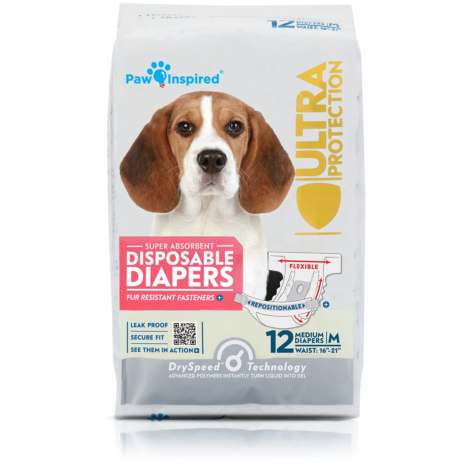 Paw Inspired Disposable Dog Diapers | Female Dog Diapers Ultra Protection | Diapers for Dogs in Heat, Excitable Urination, or Incontinence (12 Count,