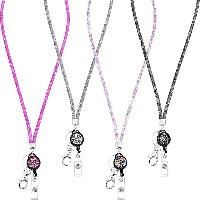 4 Pieces Crystal Lanyard Necklace with Retractable Badge Holder and Keyring, ID Card Holder Bling Rhinestone Crystal Lanyard Strap (Black, Grey, Multi-Color, Rose Pink)