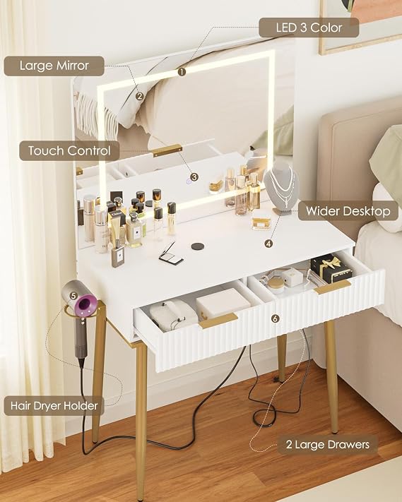 Dressing Table with Mirror, Dressing Tables, Dressing Table with Lighting Color Adjustable, Modern Cosmetic Table with 2 Drawers, White with Golden Legs