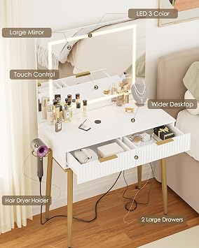 Dressing Table with Mirror, Dressing Tables, Dressing Table with Lighting Color Adjustable, Modern Cosmetic Table with 2 Drawers, White with Golden Legs