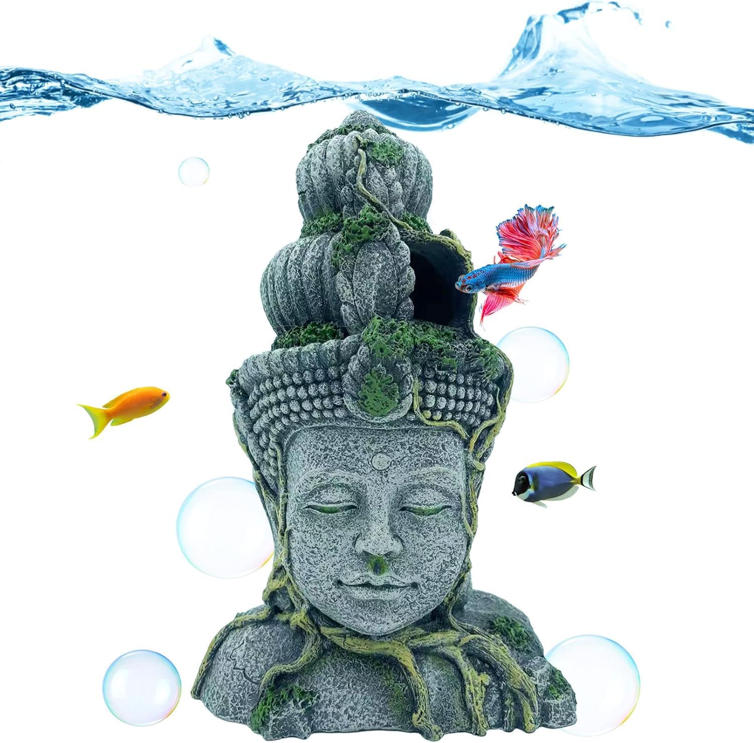 Aquarium Buddha Head Statue Decor Resin Hideout Cave Fish Tank Accessories for Natural Looking Sleep Rest Conceal Breed for Fish Shrimp