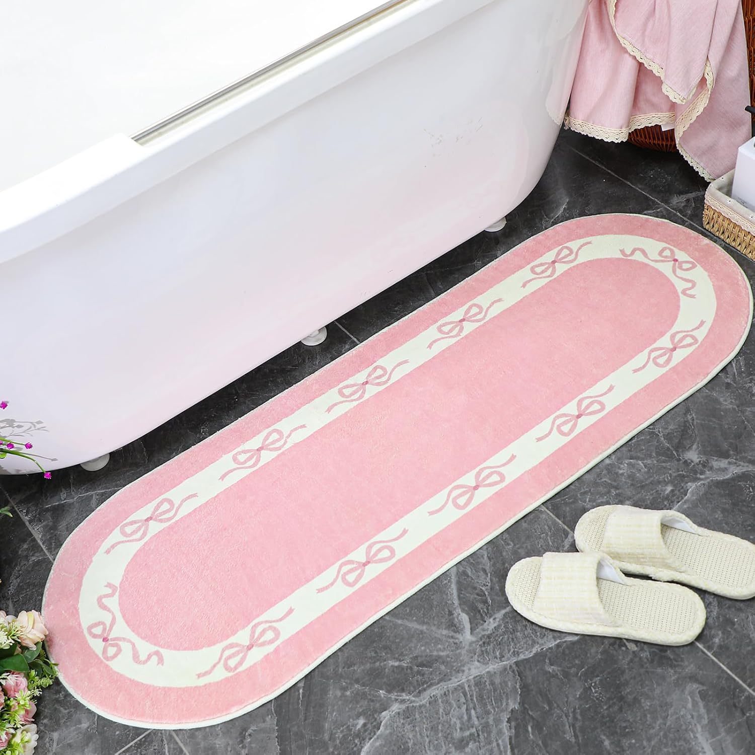 Duraaamo Pink Bow Long Bathroom Rug Cute Bathroom Decor Accessories 49 x 17 Inch Pink and White Bathtub Mat Non Slip Absorbent Washable Plush Runner Rug for Bathtub Sink Laundry Room Bedroom