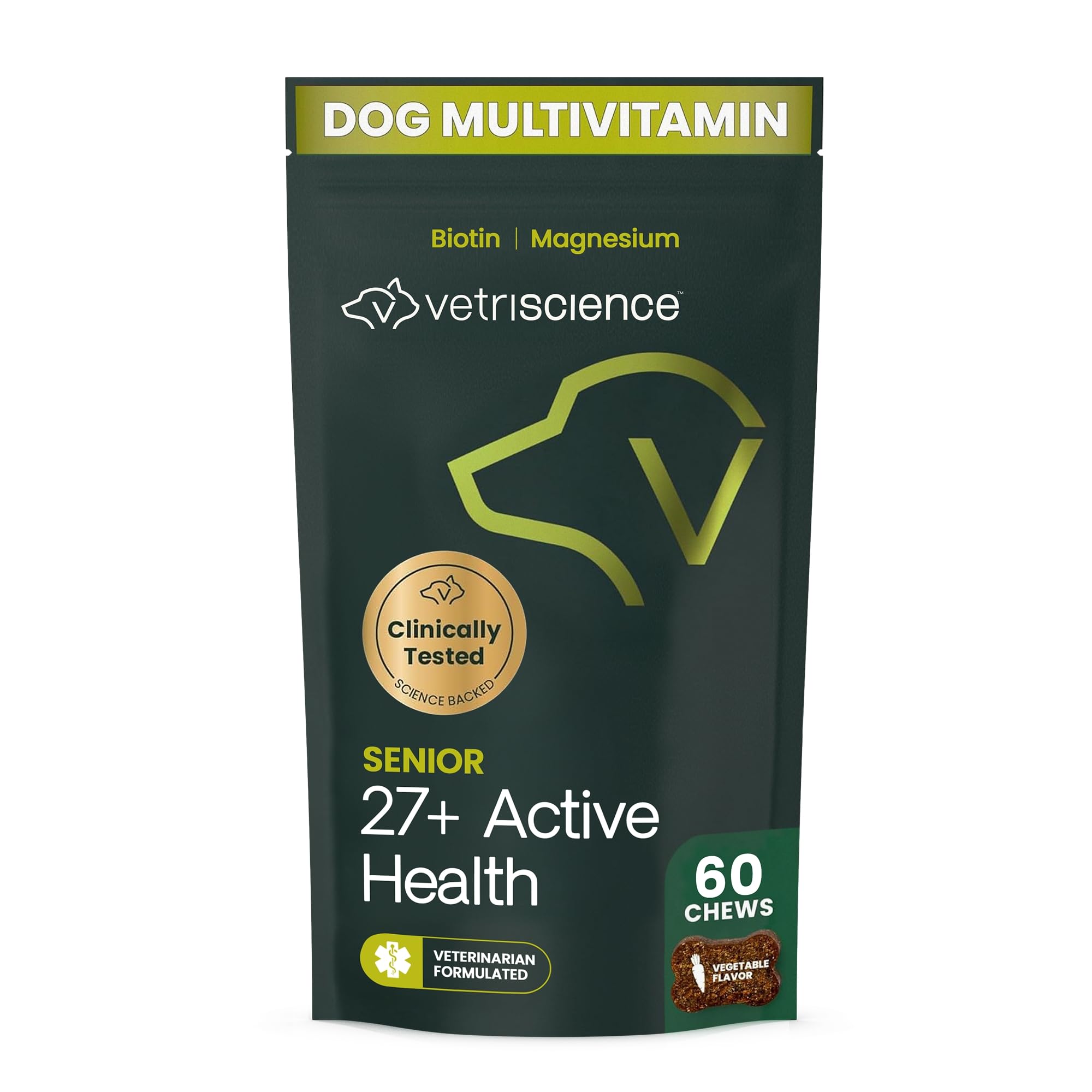 VetriScience Senior 27+ Active Health Chews, Canine Plus Daily Multivitamin for Senior Dogs, Balanced Vitamins, Minerals and Antioxidants, Healthy Aging and Wellness Support, Veggie, 60 Servings