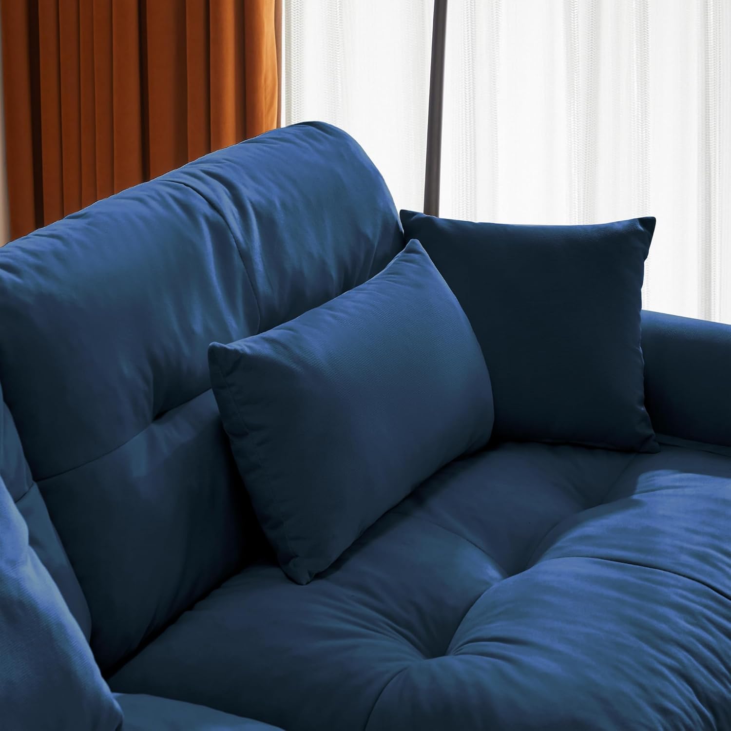 Oversized Modern Blue Velvet 2-Seater Sofa with Ottoman, Round Bolster Armrests & Decorative Pillows for Reading Room