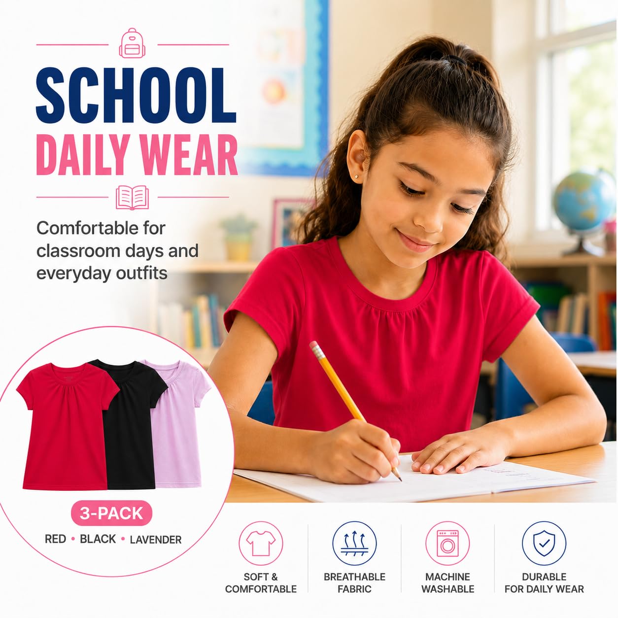 Bienzoe Girls Short Sleeve T-Shirt: Kids Aged 4-13 Cute Crewneck tee 3pcs Pack - Breathable Tops for Beach Trip Outdoor Play