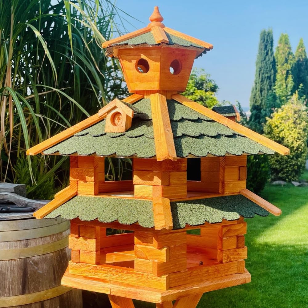 Villa para pájaros resistente a la intemperie, de L a XXL, comedero, con o sin soporte, en color marrón con rojo, verde o azul, para jardín y balcón (tamaño XXL, sin soporte, verde - marrón)