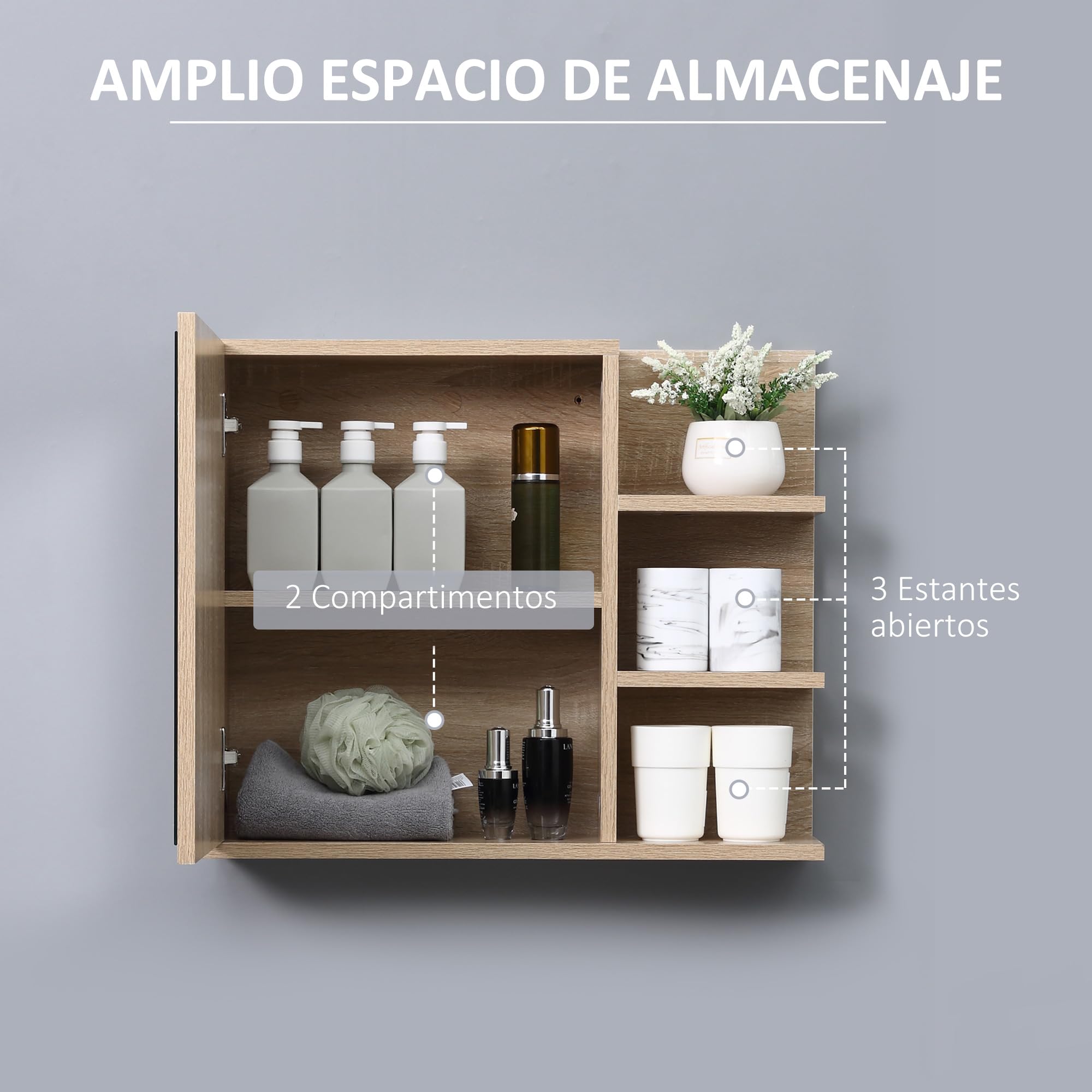 kleankin Armario de Baño con Espejo 3 Estantes Moderno 60x18x50 cm Natural | Armario con Espejo para Baño, Estantes Abiertos, 1 Estante Interior