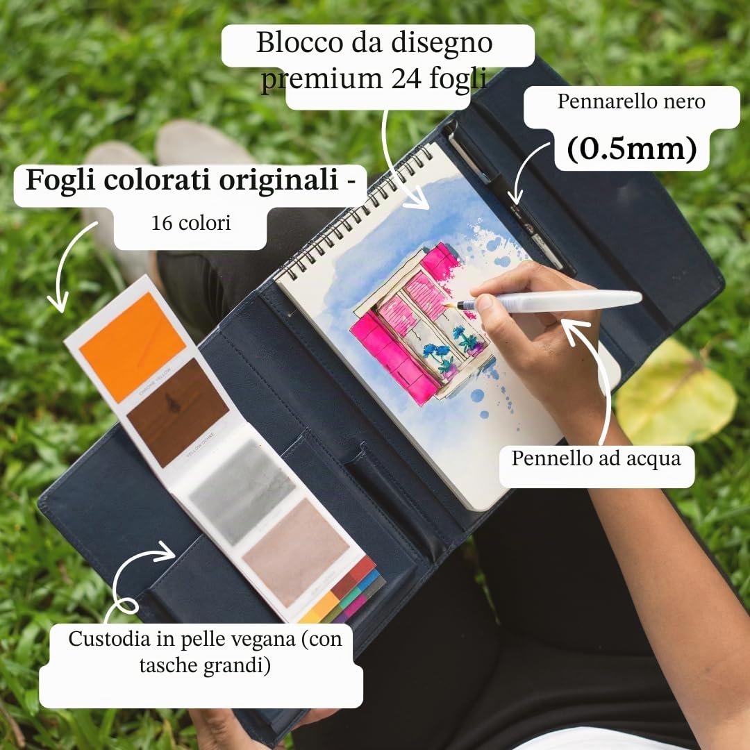 Viviva VV276054 Watercolor Travel Set A5 in ecopelle, custodia con 16 acquerelli vivaci, pennello serbatoio acqua, penna nera da 0,5 mm e album da disegno con 24 fogli da 200 g/m², formato A5