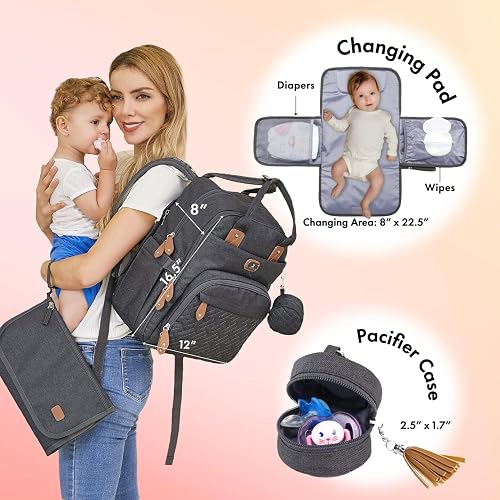 Dikaslon Baby Changing Bag Backpack, Large Baby Bag for Mum and Dad with 19 Pockets, Spacious Nappy Changing Bags with Mat, Pacifier Holder, Stroller Straps, Durable Polysteer (Dark Grey) - 2