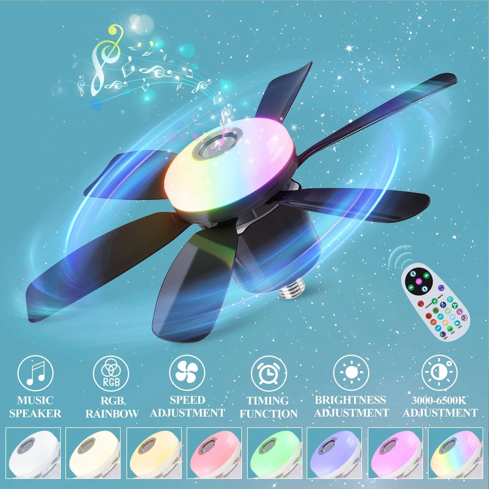 Ventilatore da soffitto con luce, 3 livelli, altoparlante musicale a risparmio energetico | Lampadina ventilatore da soffitto per camera da letto, casa, ufficio, appartamento, camera da letto, soggiorno, cucina