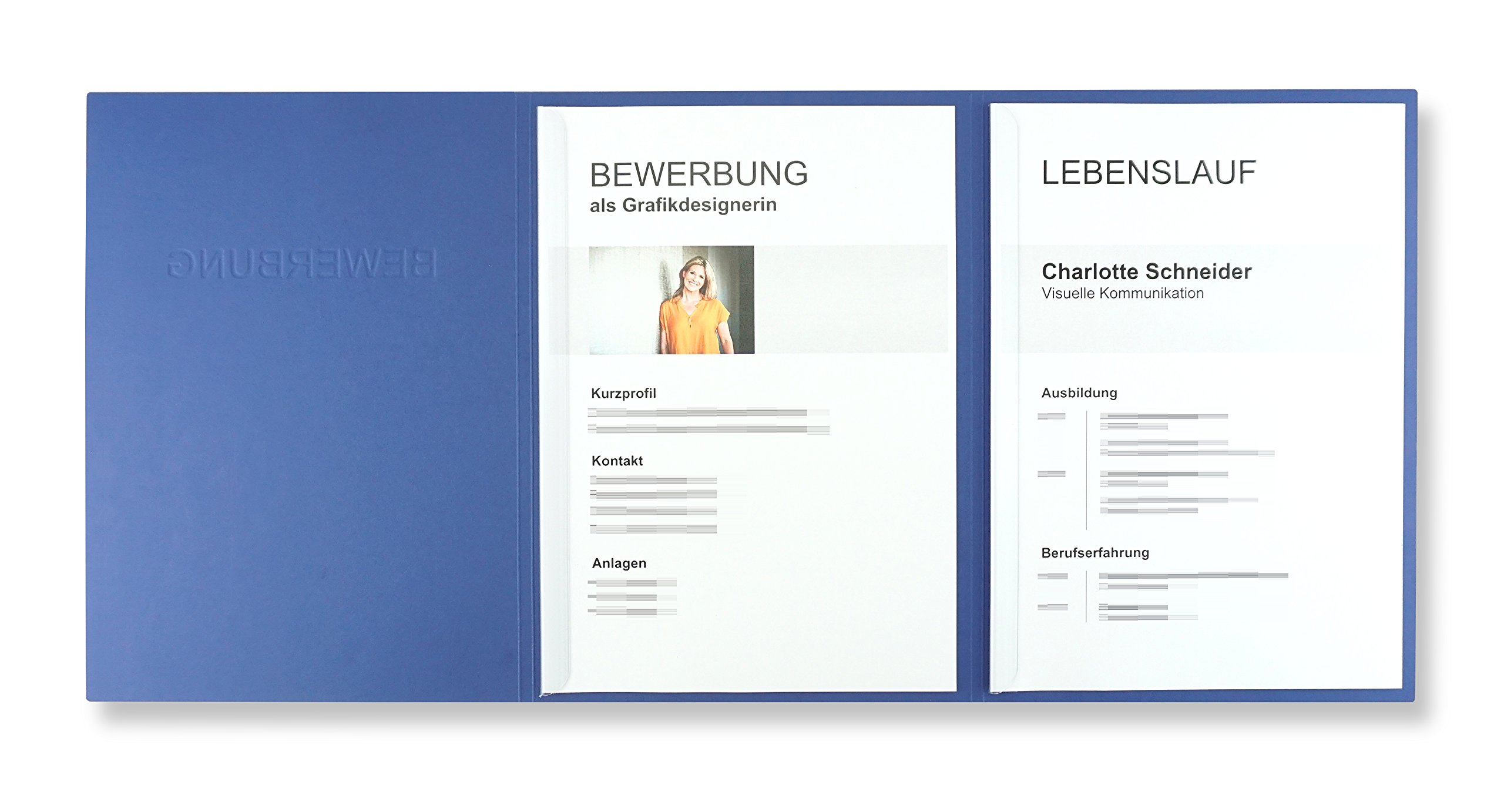 50 Stück 3-teilige Bewerbungsmappen Blau mit 2 Klemmschienen in feinster Lederstruktur - hochwertige Prägung ''BEWERBUNG'' - direkt vom Hersteller STRATAG