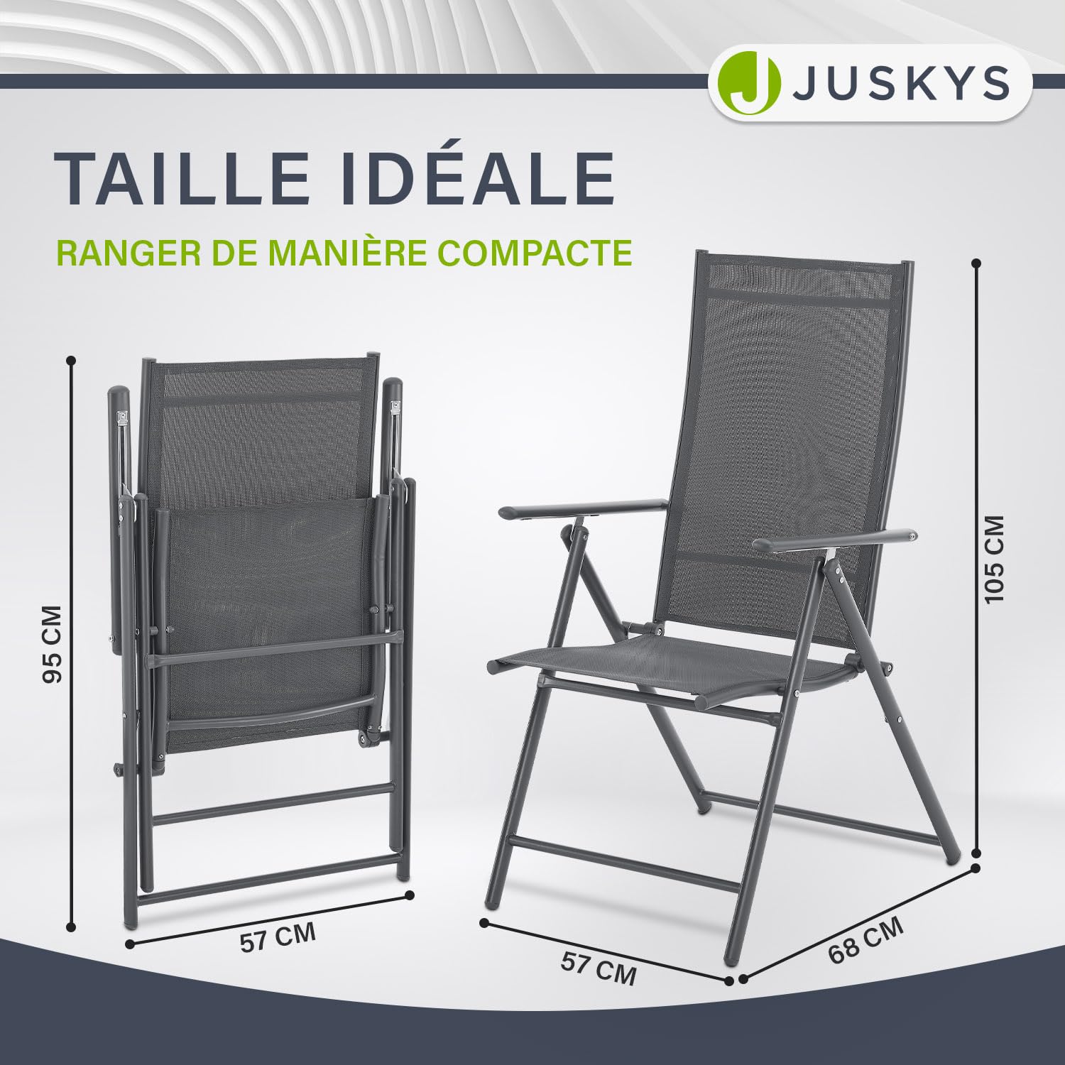 Juskys Chaise de Jardin Calena - Lot de 2 - Dossier 7 Positions, Pliable - Structure Acier thermolaqué, Tissu Respirant & Confortable