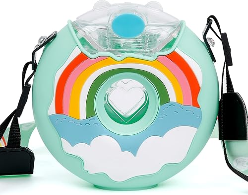 Botella de agua de dona de 13 onzas con popote para niños, sin BPA y a prueba de fugas, botella deportiva para niñas, botella de bebida con correa