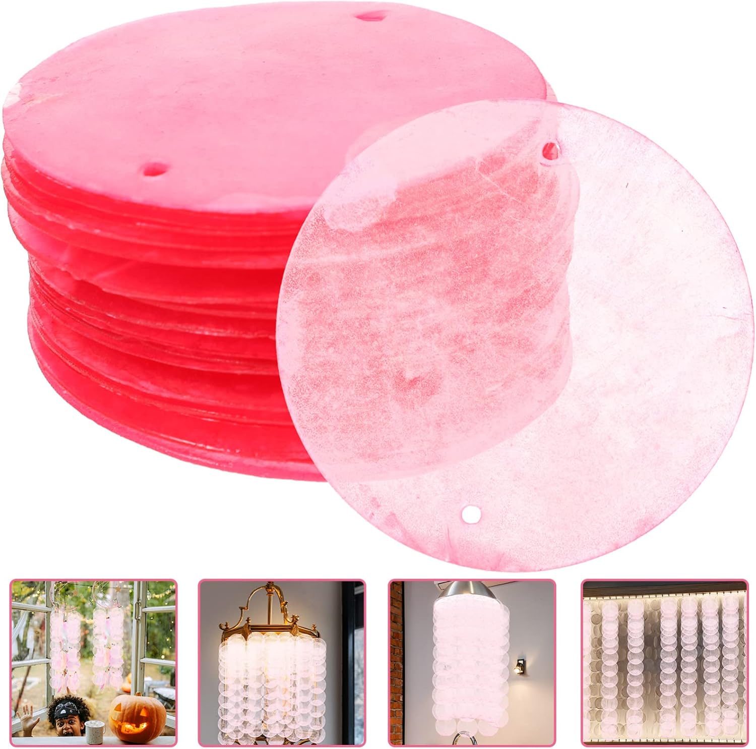 Sewroro 100pcs Round Capiz Sea Shells Capiz Shells Decoration Capiz Shell Windchime Flat Mussel Shells Coin with Double Holes for Crafts Decoration Jewelry Making Pink