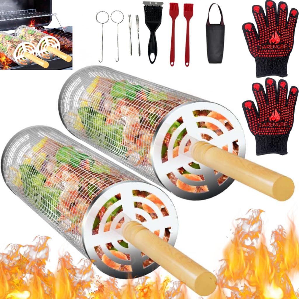Nesting Rolling Grill Baskets 2PCS,304 Stainless Steel BBQ Tools with Removable Wooden Handle for Vegetables,Shrimp,Camping,Backyard,Outdoor Grilling Accessories,Grilling Gifts for Men