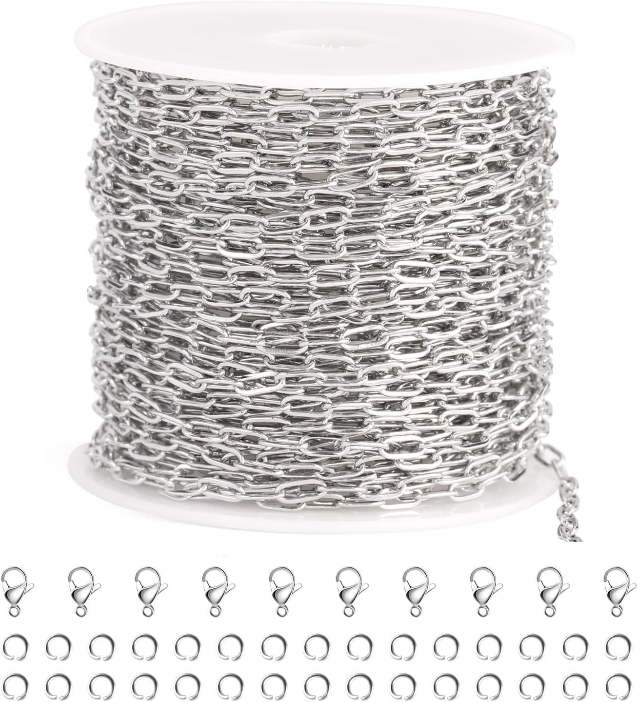 SMYHTGLIF 32.8 Feet Silver Cable Paperclip Jewelry Making Chains Stainless Steel Necklace Bracelet Chain with Lobster Clasps and Open Jump Rings for Jewelry Making