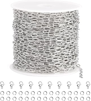 SMYHTGLIF 32.8 Feet Silver Cable Paperclip Jewelry Making Chains Bulk Roll | Stainless Steel Necklace Bracelet Chain with Lobster Clasps and Open Jump Rings for Jewelry Making