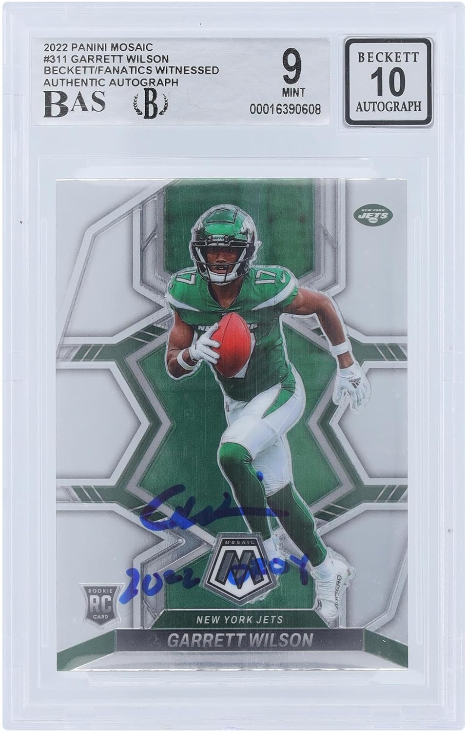 Garrett Wilson New York Jets Autographed 2022 Panini Mosaic #311 Beckett Fanatics Witnessed Authenticated 9/10 Rookie Card with "2022 OROY" Inscription - Football Slabbed Autographed Rookie Cards