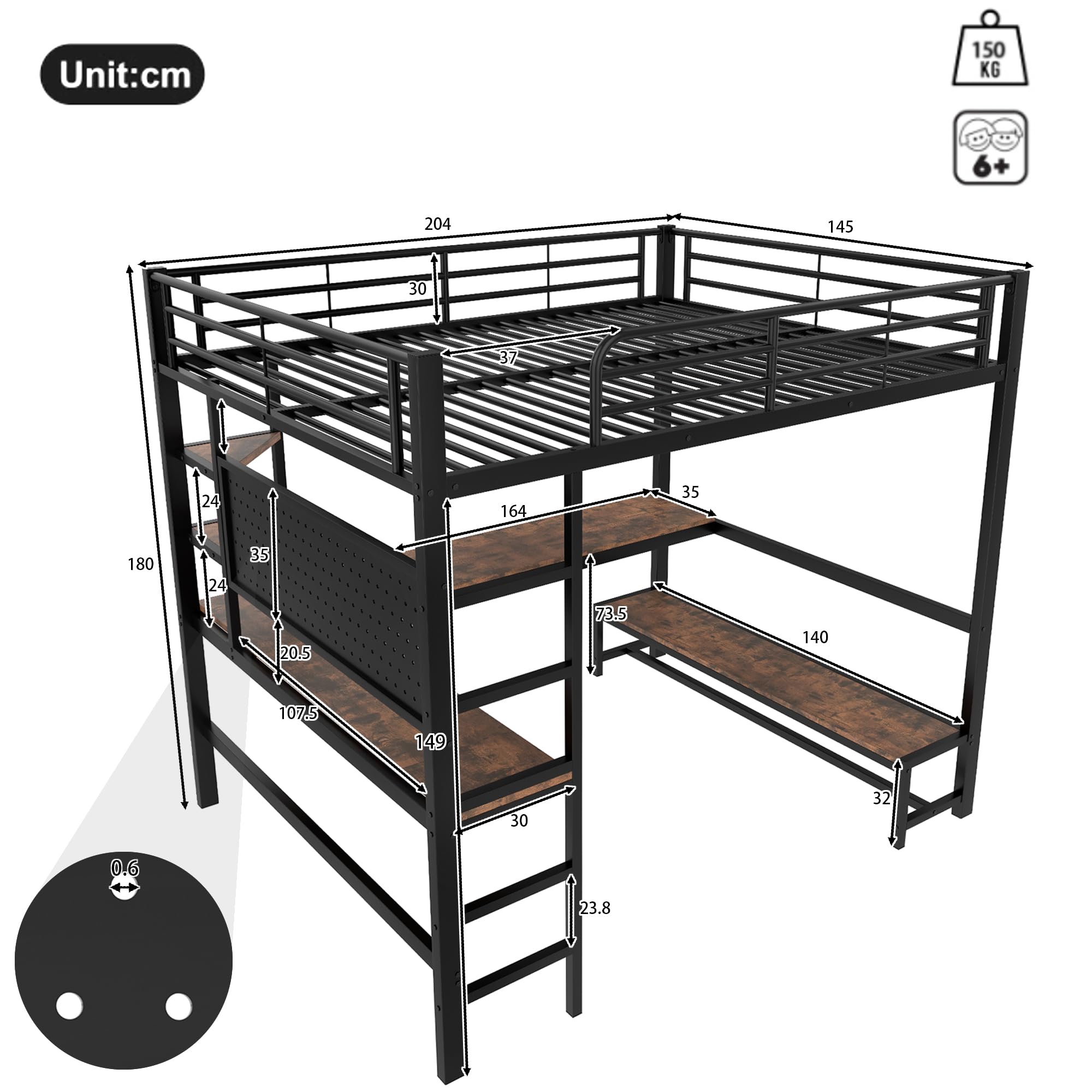 Lit Mezzanine 2 Places 140x200 avec LED et USB C, Lit Enfant en Métal avec Bureau et étagère et Rambarde, Lit Mezzanine Enfant avec Panneau Perforé et Escalier, Lit en Hauteur Structure en Fer, Noir