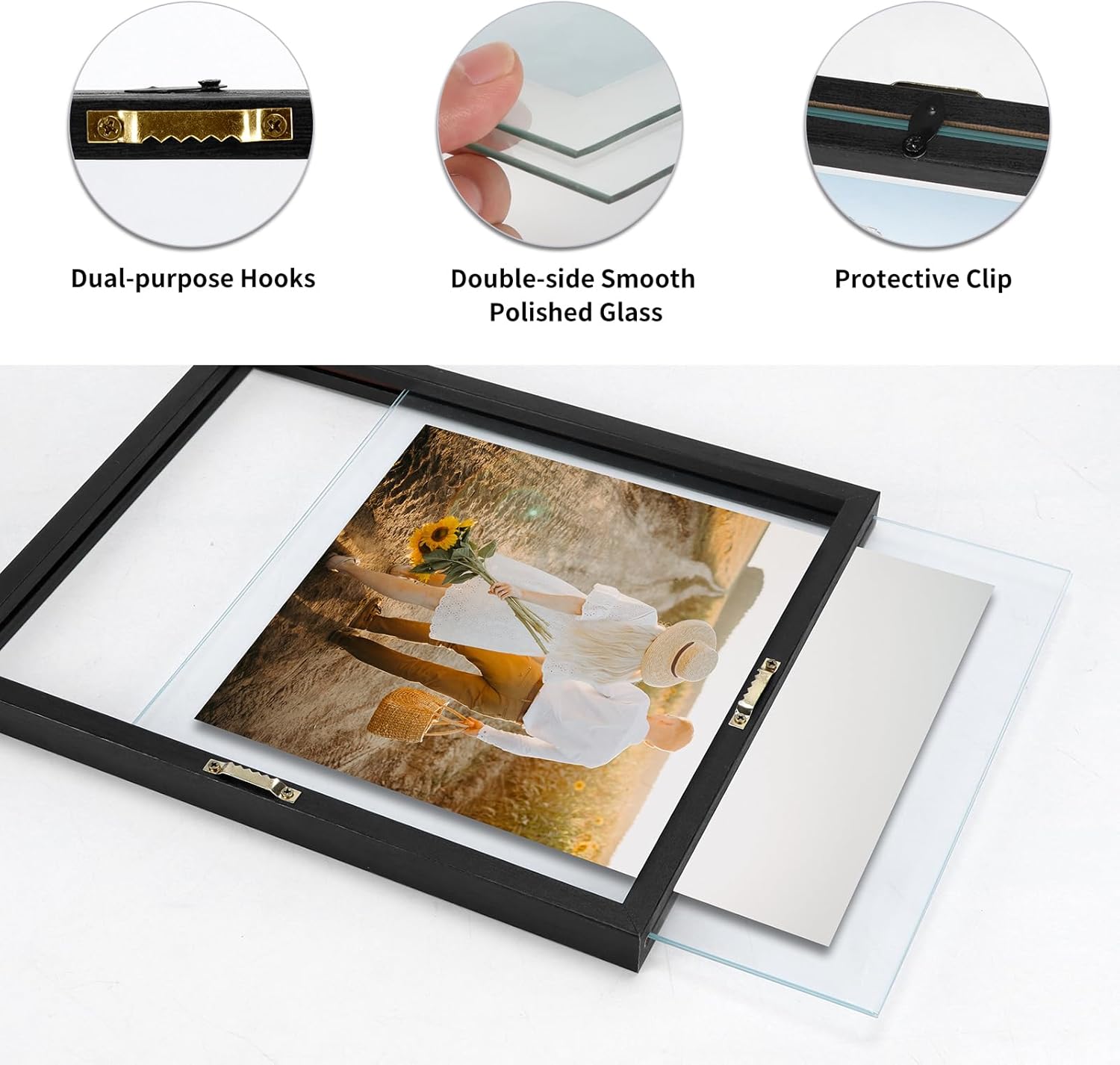 WIFTREY 8x10 Floating Picture Frames Set of 4, Black Rustic Picture Frame 8 by 10 for Wall Hanging, Double Glass Family Photo Frame Display Multi Size, 4x6, 5x7, 8x10,10x12