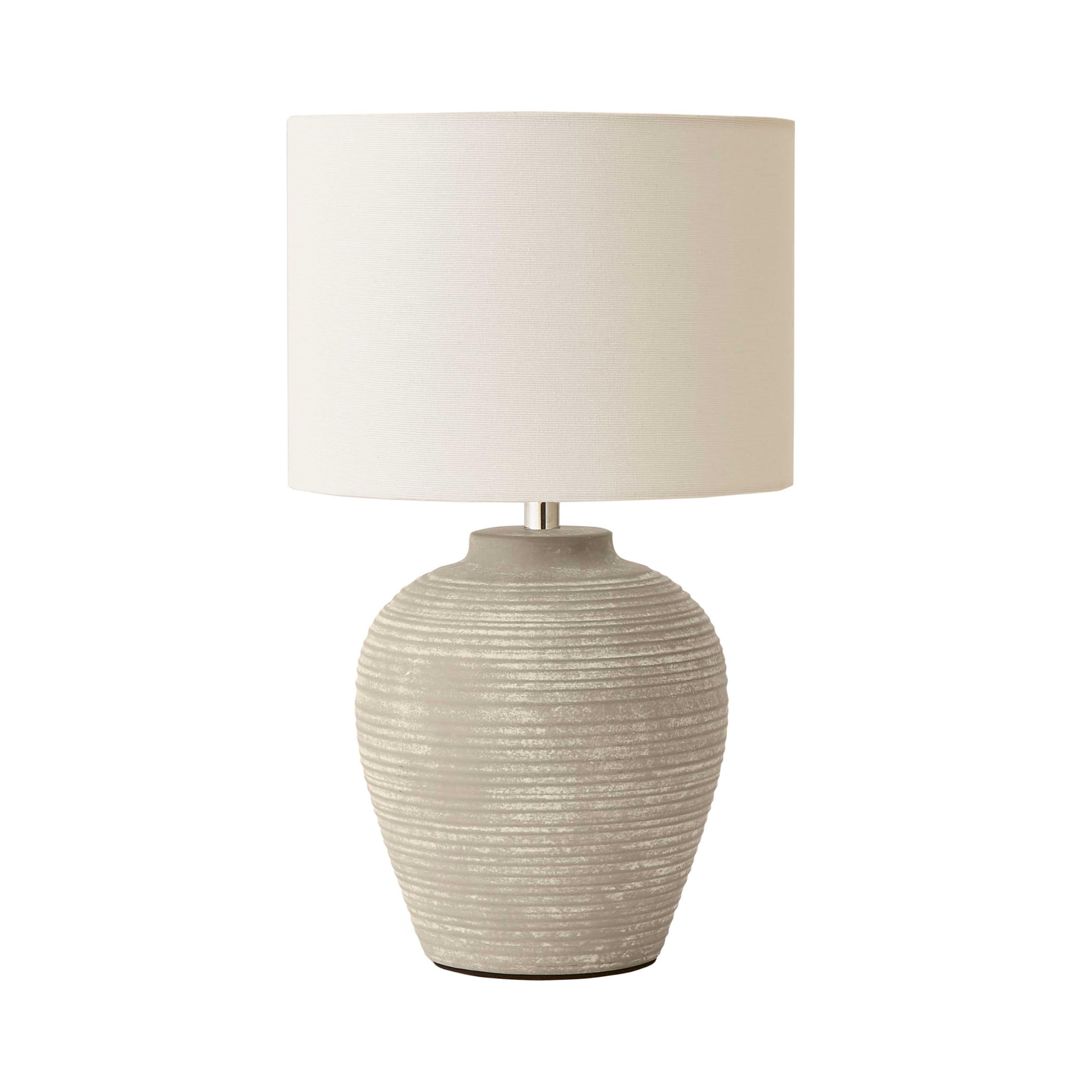 ValueLights Reid Small Table Lamp - Stone Grey Ribbed Ceramic - Linen Drum Shade
