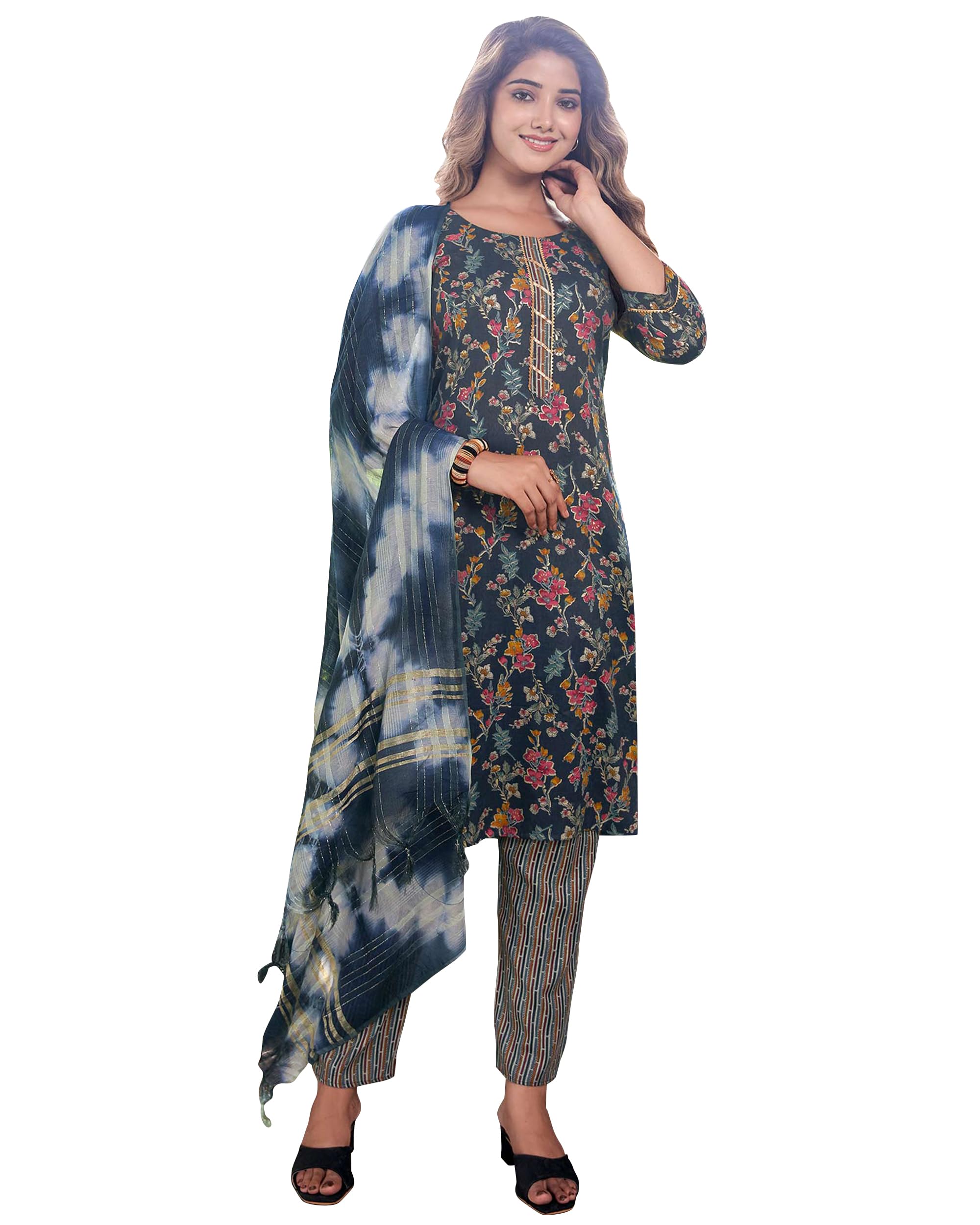 PeachmodeFloral Foil Printed Rayon Kurta Set