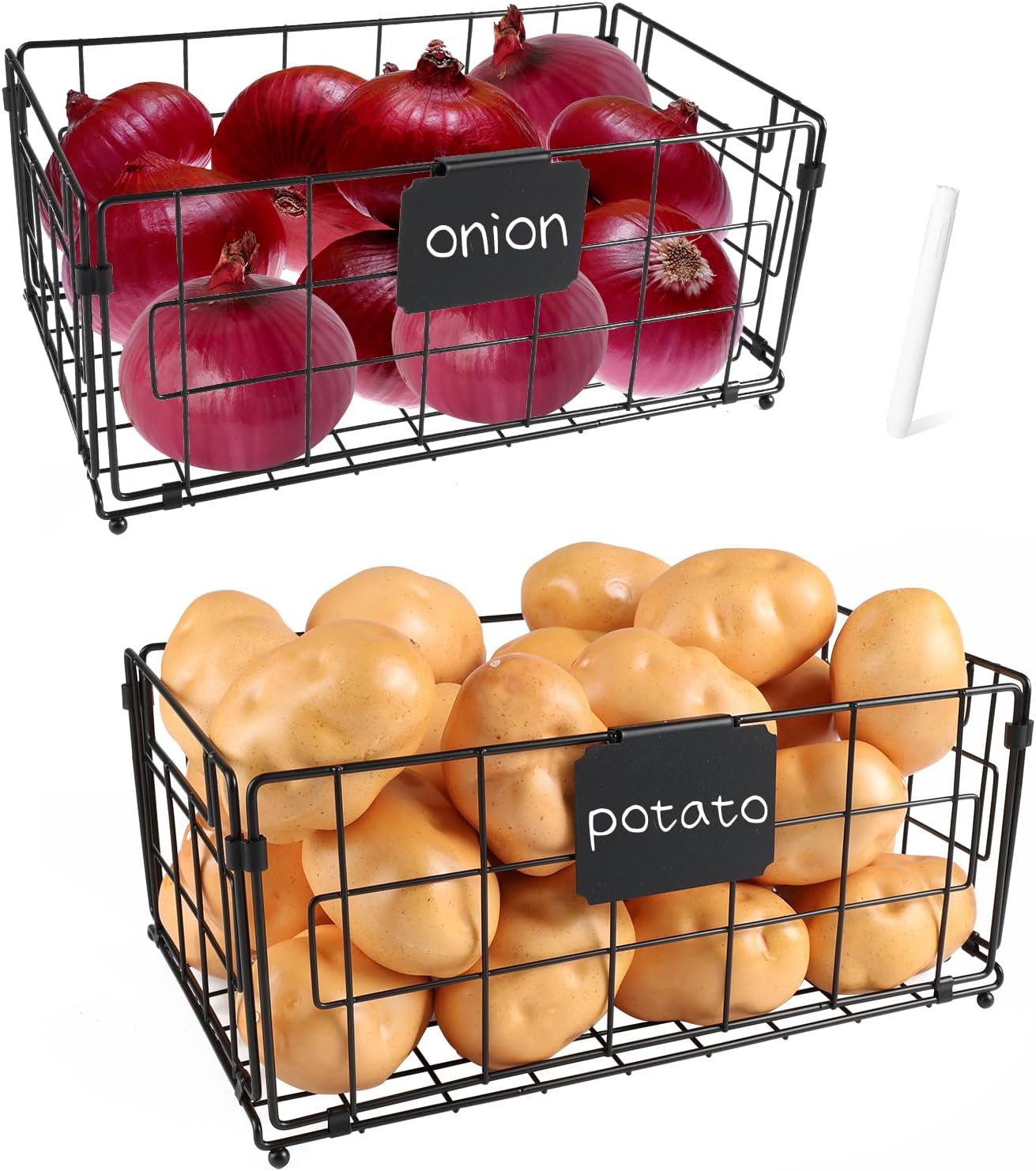 2 Set Foldable Wire Basket Pantry Organizers and Storage,Fruit and Vegetable Storage Kitchen Counter Cabinet Shelf Countertop,Produce,Vegs,Bread, Food Snack, Potato and Onion Storage Bin